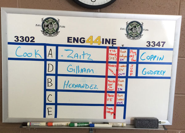 Board indicating ridiing assignments for firefighters.